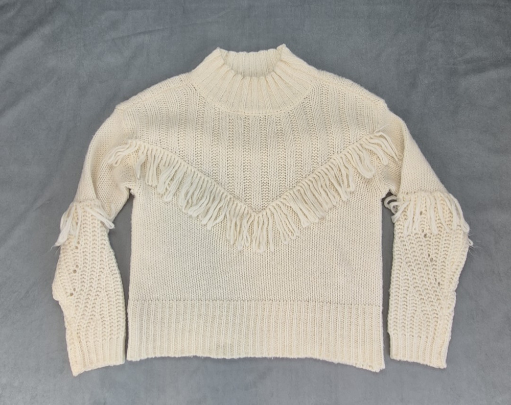 Line And Dot Fringe Trim Mock Neck Garter Knit Pullover Sweater Cream Size XS